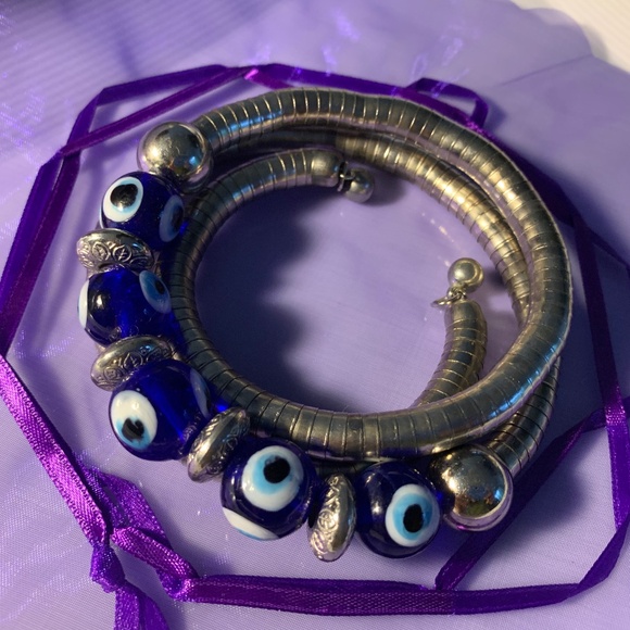 Silver Coil Evil Eye Bracelet/Choker – Blue Glass Beads, Wrap Style, Adjustable - Picture 5 of 9